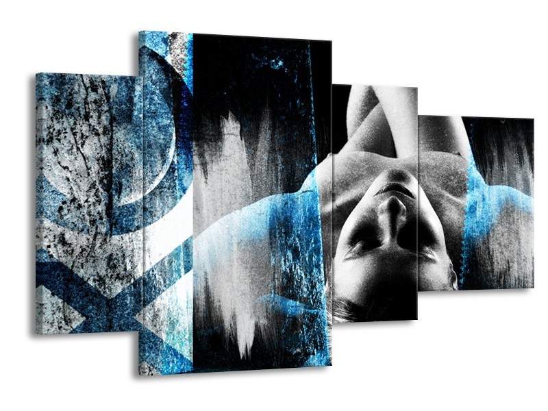 Glasschilderij Vrouw, Kunst | Zwart, Wit, Blauw | 120x75cm 4Luik