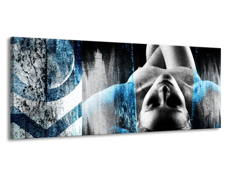 Canvas Schilderij Vrouw, Kunst | Zwart, Wit, Blauw | 145x58cm 1Luik