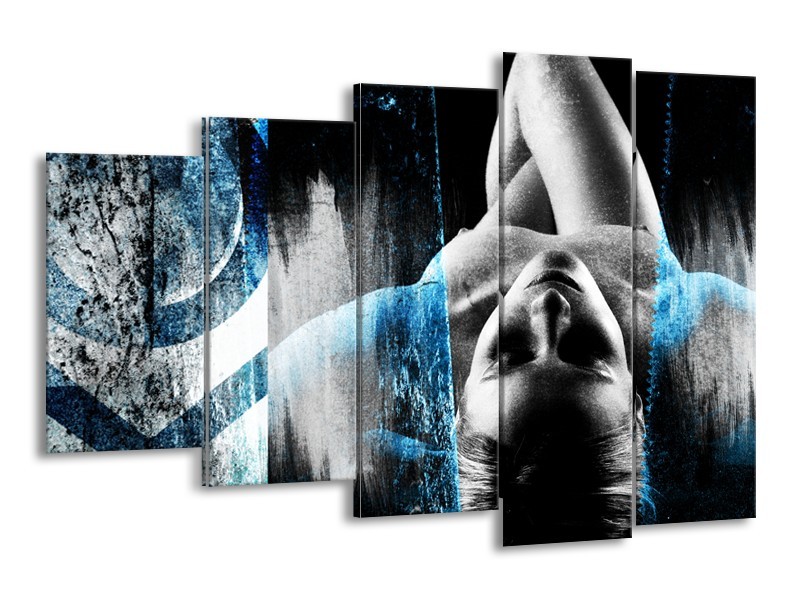 Glasschilderij Vrouw, Kunst | Zwart, Wit, Blauw | 150x100cm 5Luik