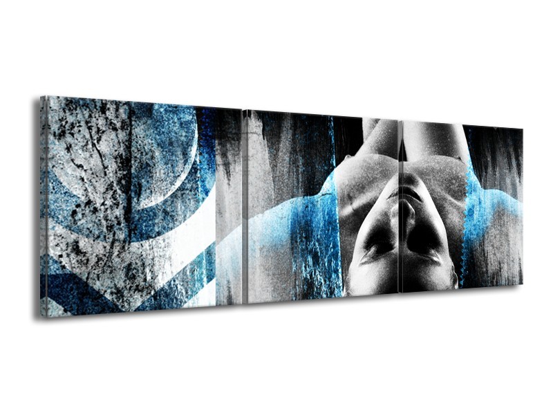 Canvas Schilderij Vrouw, Kunst | Zwart, Wit, Blauw | 150x50cm 3Luik