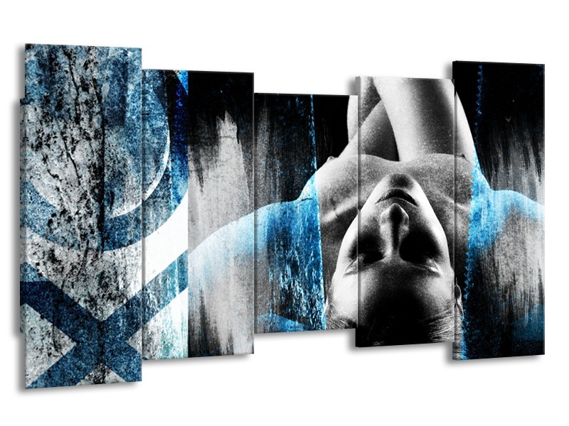 Glasschilderij Vrouw, Kunst | Zwart, Wit, Blauw | 150x80cm 5Luik