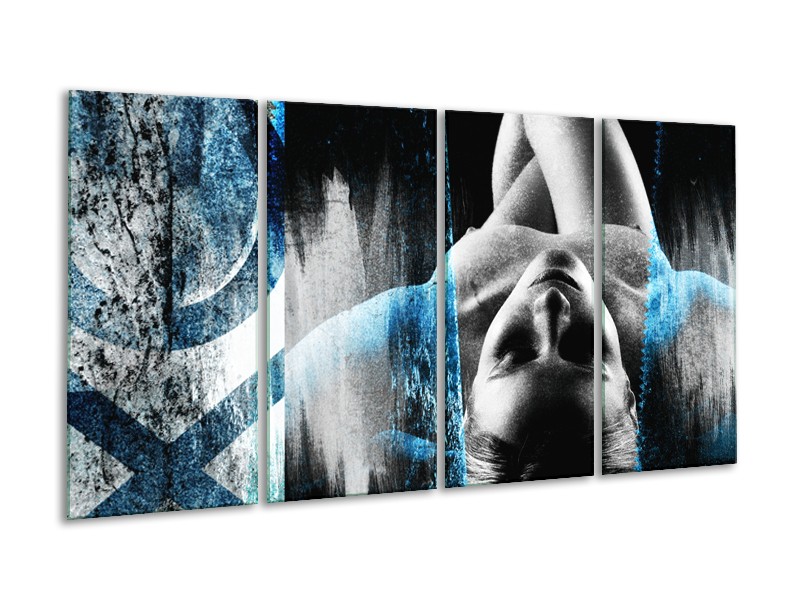 Canvas Schilderij Vrouw, Kunst | Zwart, Wit, Blauw | 160x80cm 4Luik