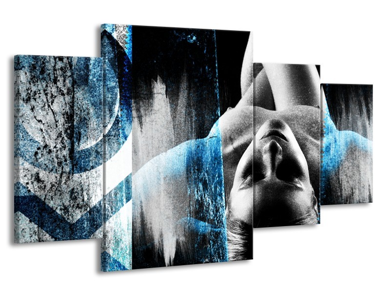 Glasschilderij Vrouw, Kunst | Zwart, Wit, Blauw | 160x90cm 4Luik