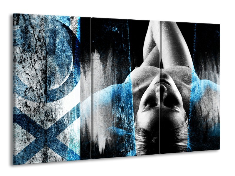 Canvas Schilderij Vrouw, Kunst | Zwart, Wit, Blauw | 165x100cm 3Luik