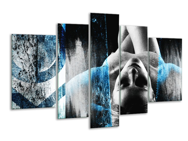 Canvas Schilderij Vrouw, Kunst | Zwart, Wit, Blauw | 170x100cm 5Luik