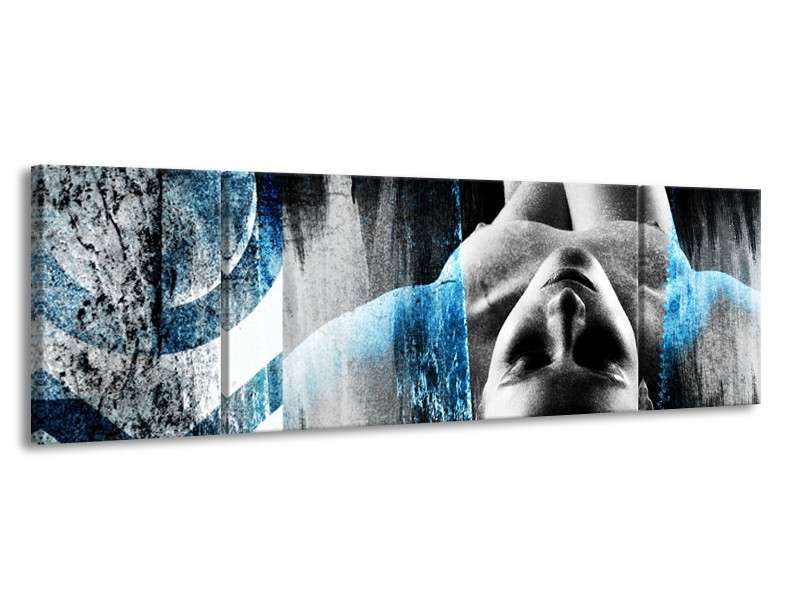 Canvas Schilderij Vrouw, Kunst | Zwart, Wit, Blauw | 170x50cm 3Luik