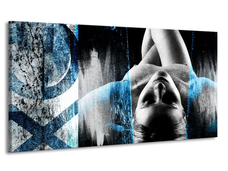 Canvas Schilderij Vrouw, Kunst | Zwart, Wit, Blauw | 170x90cm 1Luik