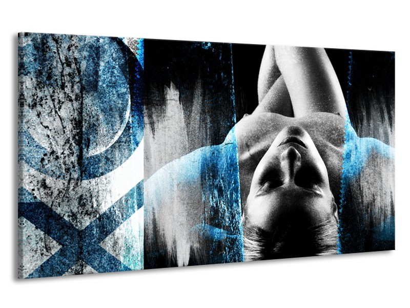 Canvas Schilderij Vrouw, Kunst | Zwart, Wit, Blauw | 190x100cm 1Luik