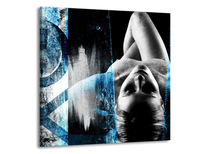 Canvas Schilderij Vrouw, Kunst | Zwart, Wit, Blauw | 50x50cm 1Luik