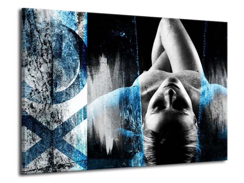 Canvas Schilderij Vrouw, Kunst | Zwart, Wit, Blauw | 70x50cm 1Luik