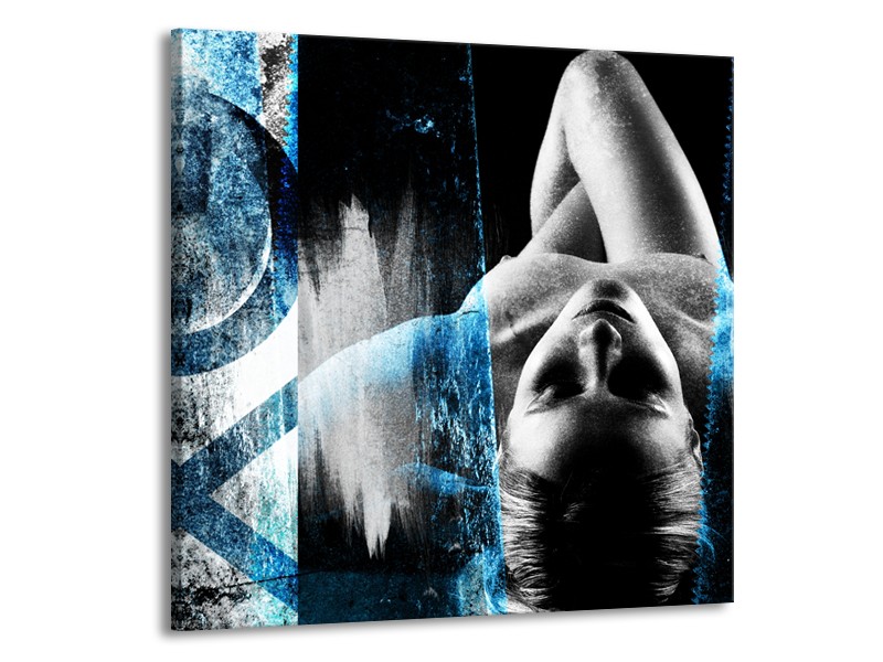 Glasschilderij Vrouw, Kunst | Zwart, Wit, Blauw | 70x70cm 1Luik