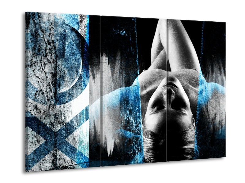 Glasschilderij Vrouw, Kunst | Zwart, Wit, Blauw | 60x90cm 3Luik