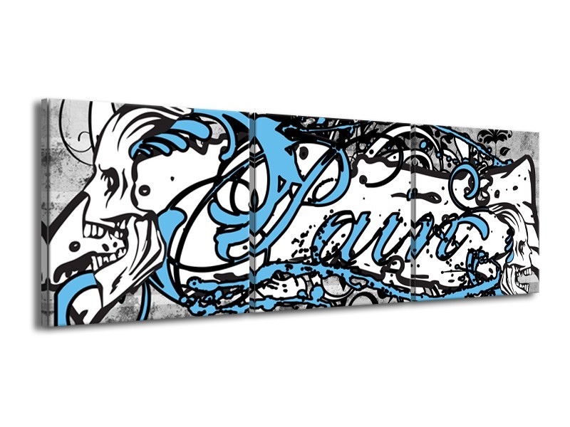Canvas Schilderij Popart | Zwart, Wit, Blauw | 150x50cm 3Luik