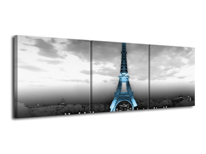 Glasschilderij Parijs, Eiffeltoren | Zwart, Wit, Blauw | 120x40cm 3Luik