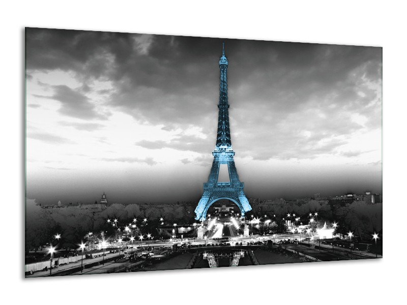 Glasschilderij Parijs, Eiffeltoren | Zwart, Wit, Blauw | 120x70cm 1Luik