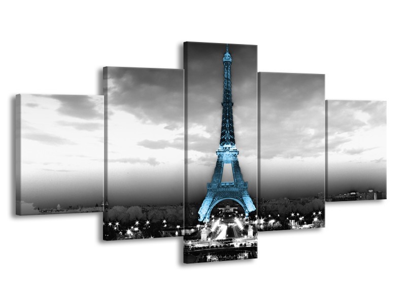 Canvas Schilderij Parijs, Eiffeltoren | Zwart, Wit, Blauw | 150x80cm 5Luik
