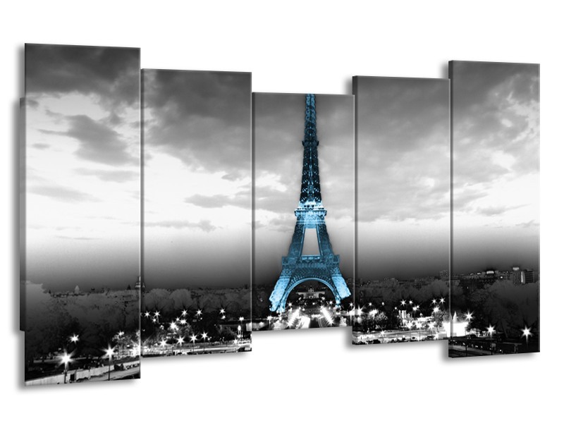Canvas Schilderij Parijs, Eiffeltoren | Zwart, Wit, Blauw | 150x80cm 5Luik
