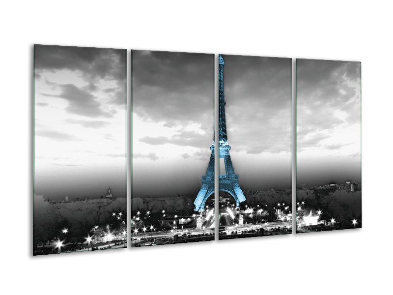 Glasschilderij Parijs, Eiffeltoren | Zwart, Wit, Blauw | 160x80cm 4Luik