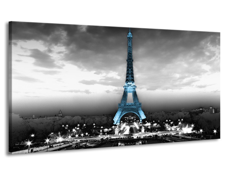 Canvas Schilderij Parijs, Eiffeltoren | Zwart, Wit, Blauw | 170x90cm 1Luik