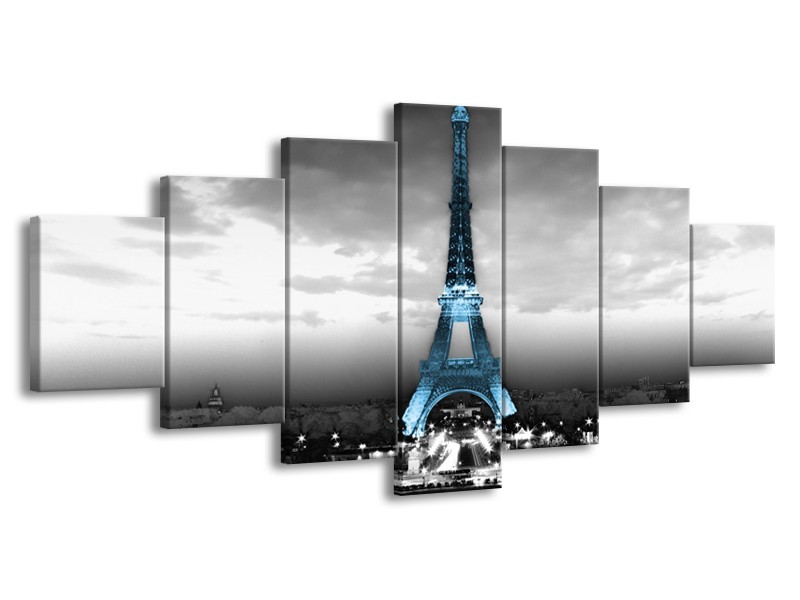 Canvas Schilderij Parijs, Eiffeltoren | Zwart, Wit, Blauw | 210x100cm 7Luik