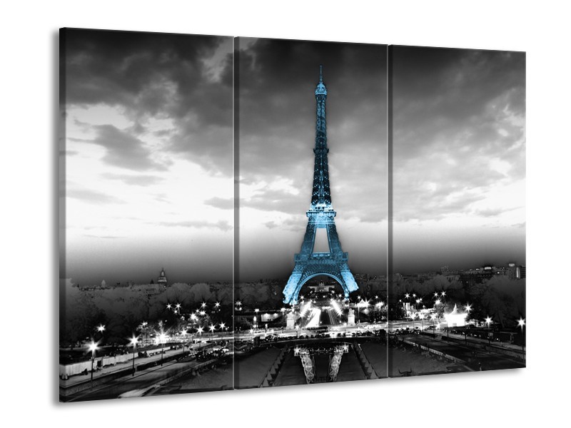 Glasschilderij Parijs, Eiffeltoren | Zwart, Wit, Blauw | 60x90cm 3Luik