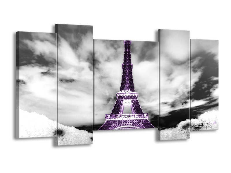 Glasschilderij Parijs, Eiffeltoren | Zwart, Wit, Paars | 120x65cm 5Luik