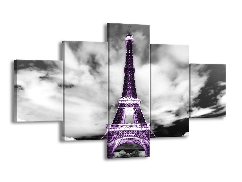 Glasschilderij Parijs, Eiffeltoren | Zwart, Wit, Paars | 125x70cm 5Luik