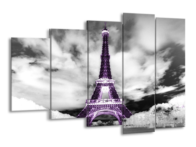 Canvas Schilderij Parijs, Eiffeltoren | Zwart, Wit, Paars | 150x100cm 5Luik
