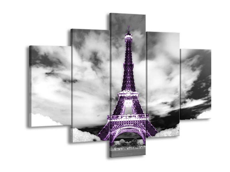 Canvas Schilderij Parijs, Eiffeltoren | Zwart, Wit, Paars | 150x105cm 5Luik