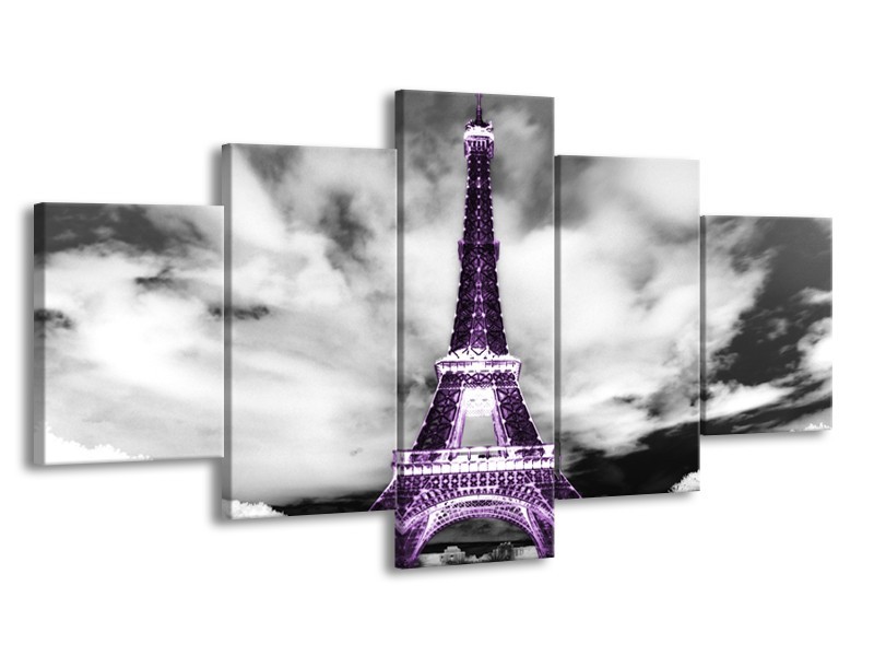 Canvas Schilderij Parijs, Eiffeltoren | Zwart, Wit, Paars | 150x80cm 5Luik