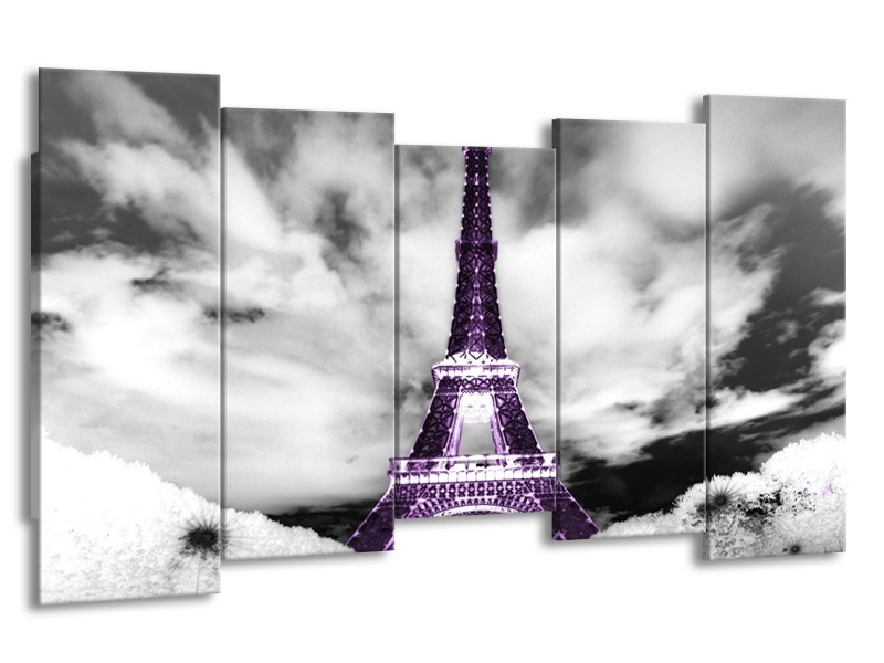 Glasschilderij Parijs, Eiffeltoren | Zwart, Wit, Paars | 150x80cm 5Luik