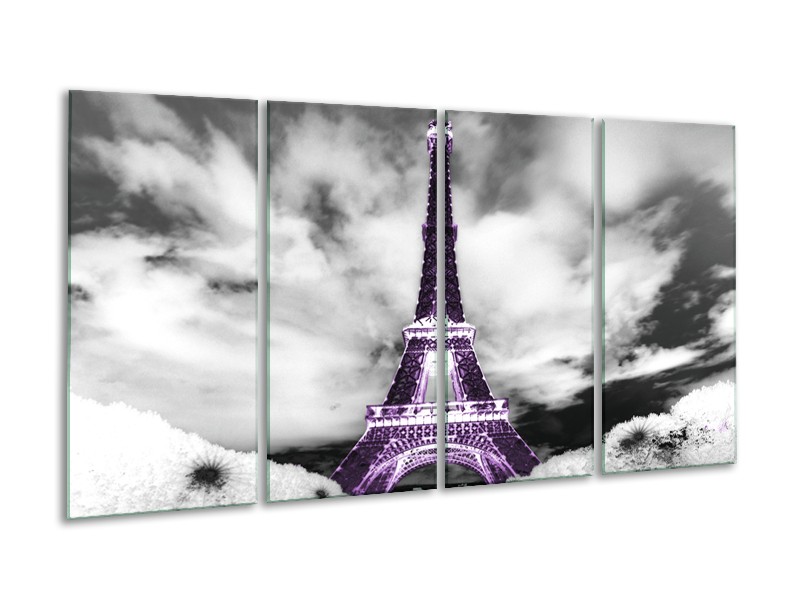 Canvas Schilderij Parijs, Eiffeltoren | Zwart, Wit, Paars | 160x80cm 4Luik
