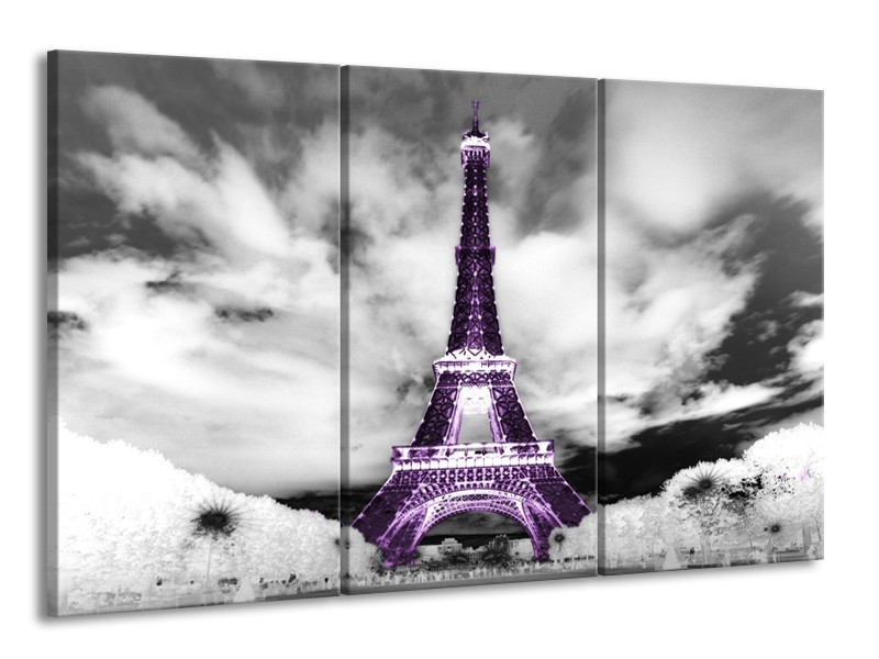 Canvas Schilderij Parijs, Eiffeltoren | Zwart, Wit, Paars | 165x100cm 3Luik