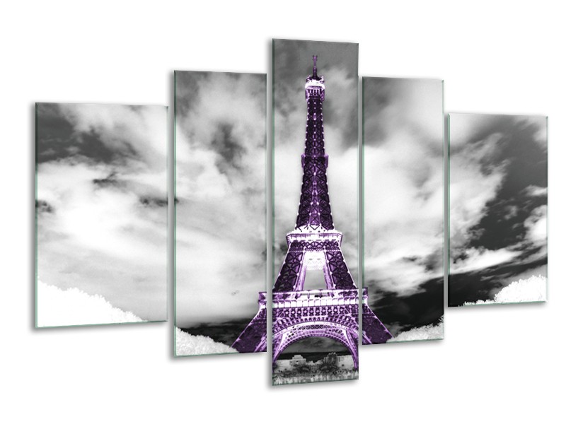 Canvas Schilderij Parijs, Eiffeltoren | Zwart, Wit, Paars | 170x100cm 5Luik