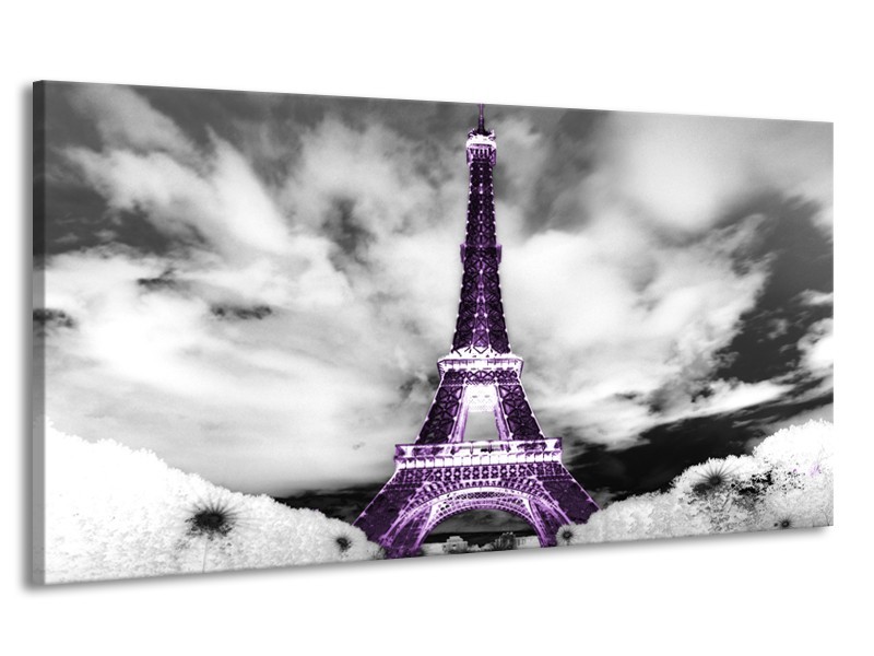 Canvas Schilderij Parijs, Eiffeltoren | Zwart, Wit, Paars | 170x90cm 1Luik