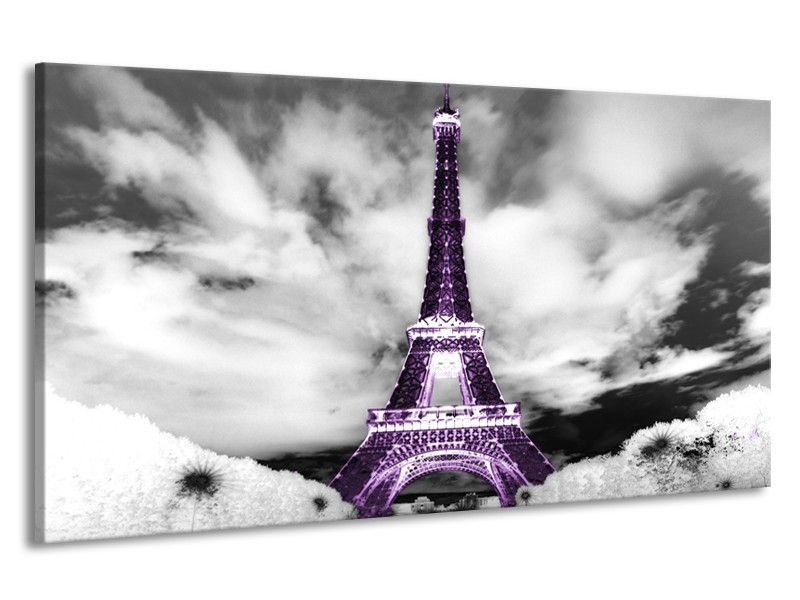 Canvas Schilderij Parijs, Eiffeltoren | Zwart, Wit, Paars | 190x100cm 1Luik