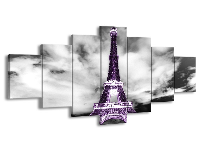Glasschilderij Parijs, Eiffeltoren | Zwart, Wit, Paars | 210x100cm 7Luik