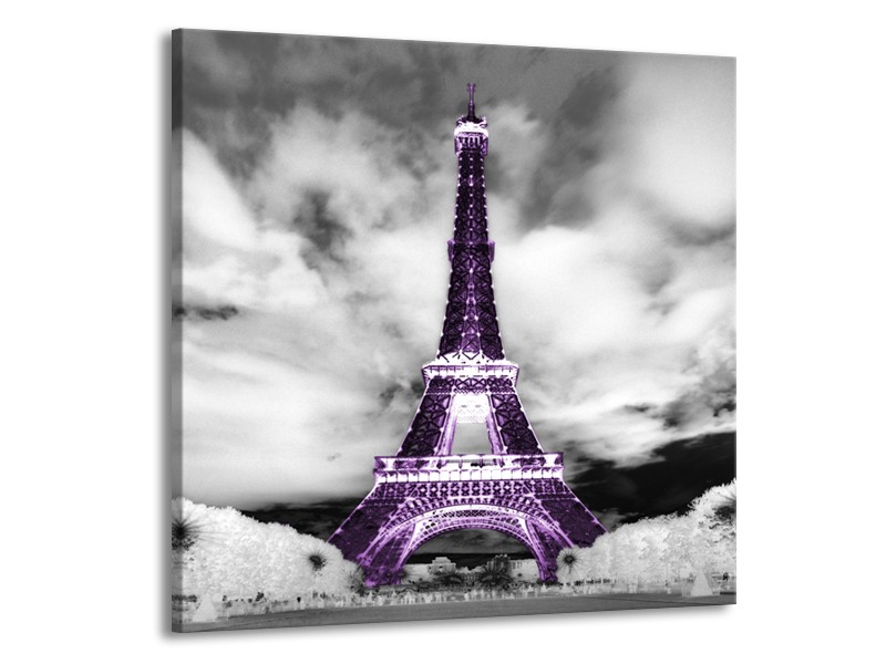 Canvas Schilderij Parijs, Eiffeltoren | Zwart, Wit, Paars | 50x50cm 1Luik