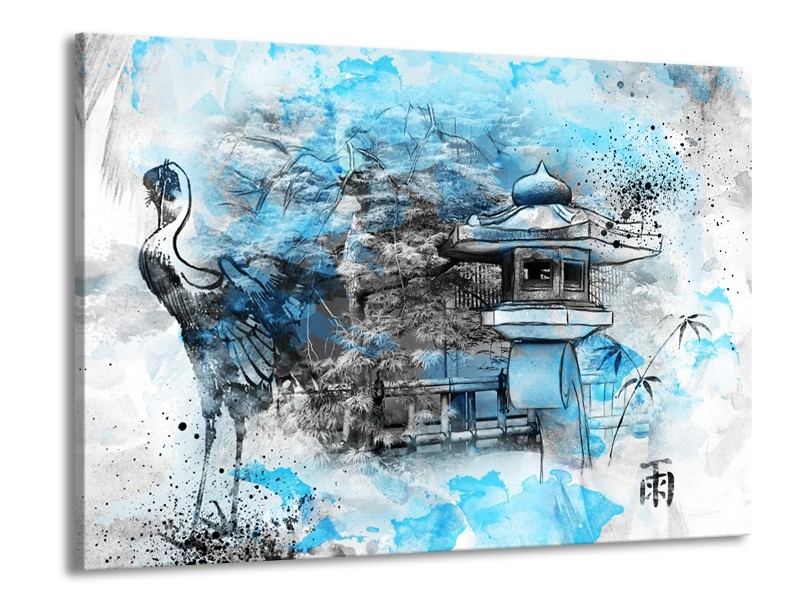 Canvas Schilderij Vogel, Chinese gebouw | Blauw, Zwart, Wit | 100x70cm 1Luik
