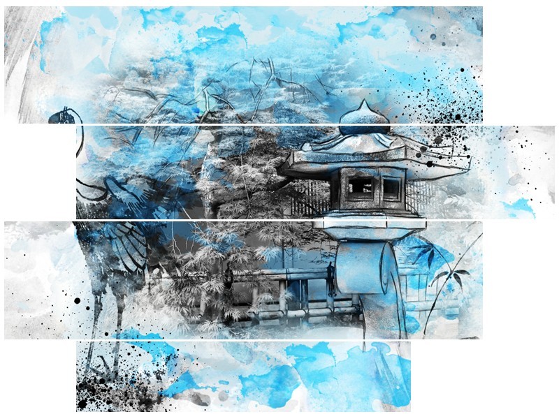 Canvas Schilderij Vogel, Chinese gebouw | Blauw, Zwart, Wit | 115x85cm 4Luik