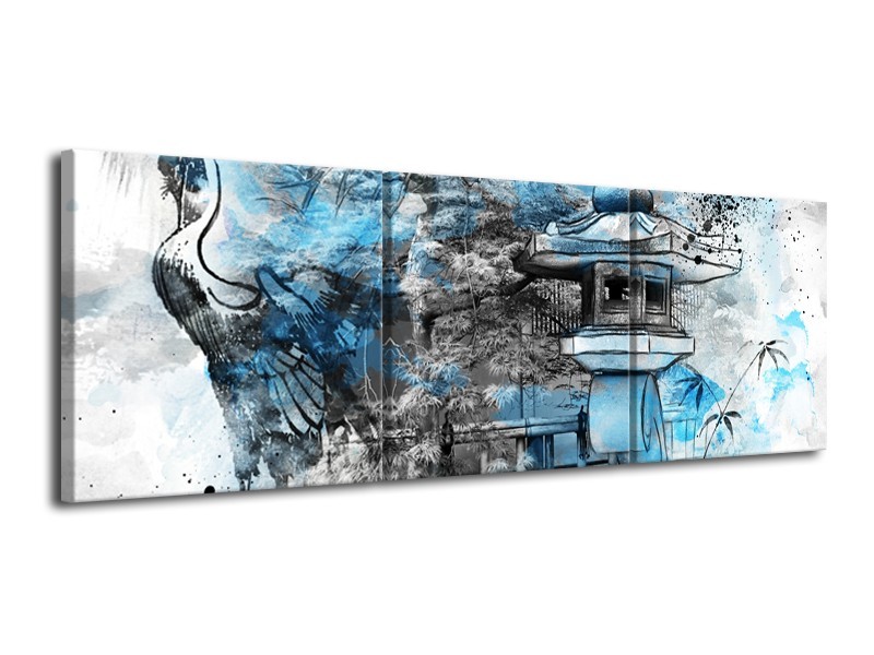 Glasschilderij Vogel, Chinese gebouw | Blauw, Zwart, Wit | 120x40cm 3Luik