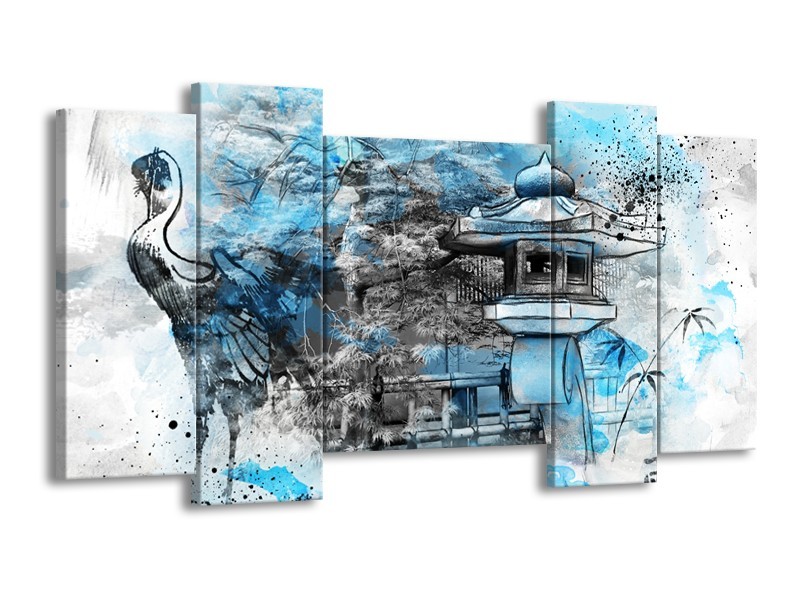 Glasschilderij Vogel, Chinese gebouw | Blauw, Zwart, Wit | 120x65cm 5Luik