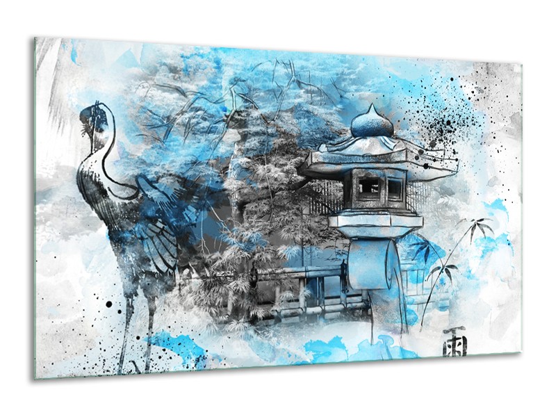 Glasschilderij Vogel, Chinese gebouw | Blauw, Zwart, Wit | 120x70cm 1Luik