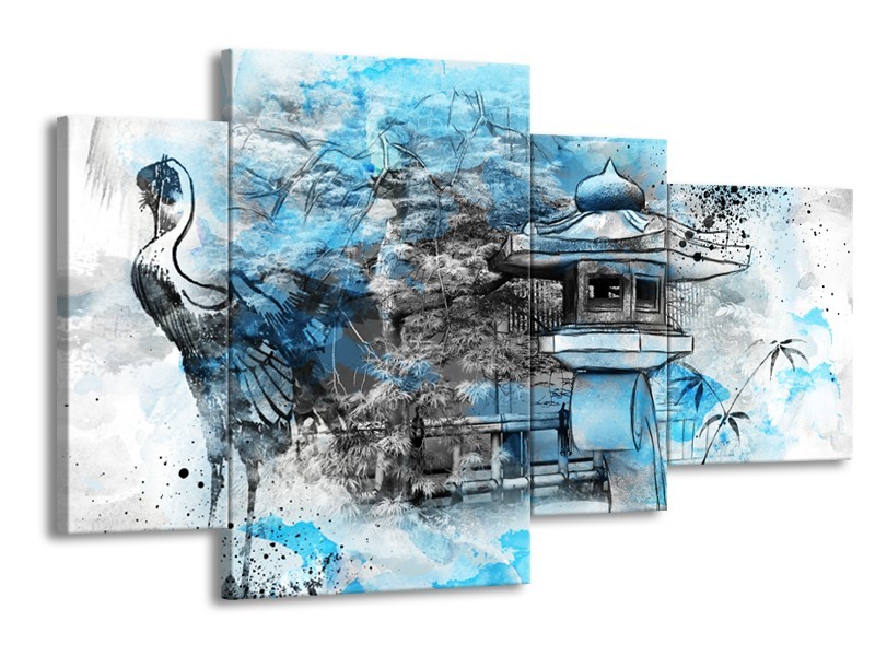 Canvas Schilderij Vogel, Chinese gebouw | Blauw, Zwart, Wit | 120x75cm 4Luik