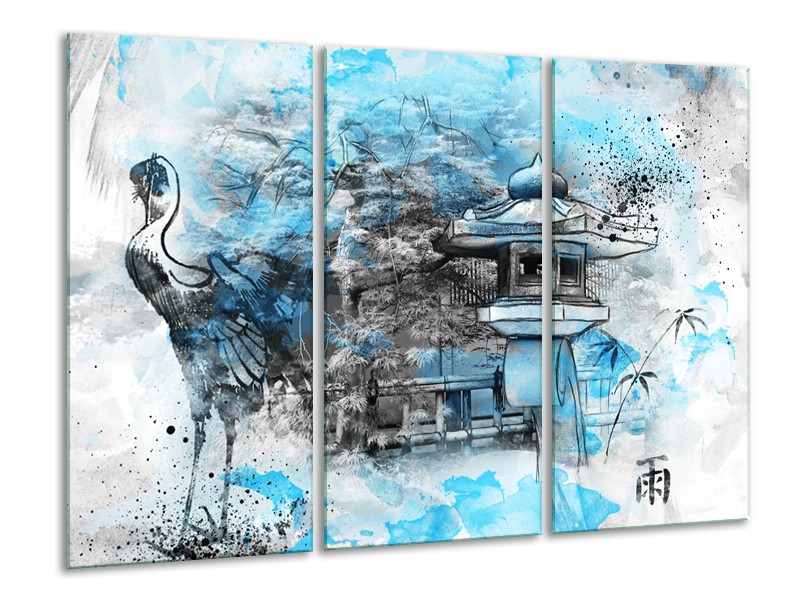 Glasschilderij Vogel, Chinese gebouw | Blauw, Zwart, Wit | 120x80cm 3Luik