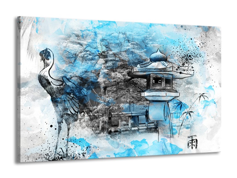 Canvas Schilderij Vogel, Chinese gebouw | Blauw, Zwart, Wit | 140x90cm 1Luik