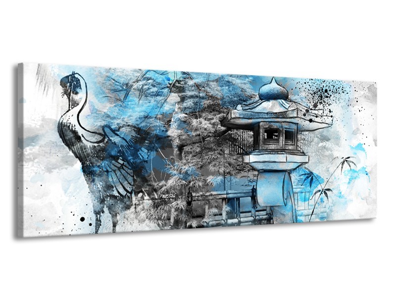 Glasschilderij Vogel, Chinese gebouw | Blauw, Zwart, Wit | 145x58cm 1Luik