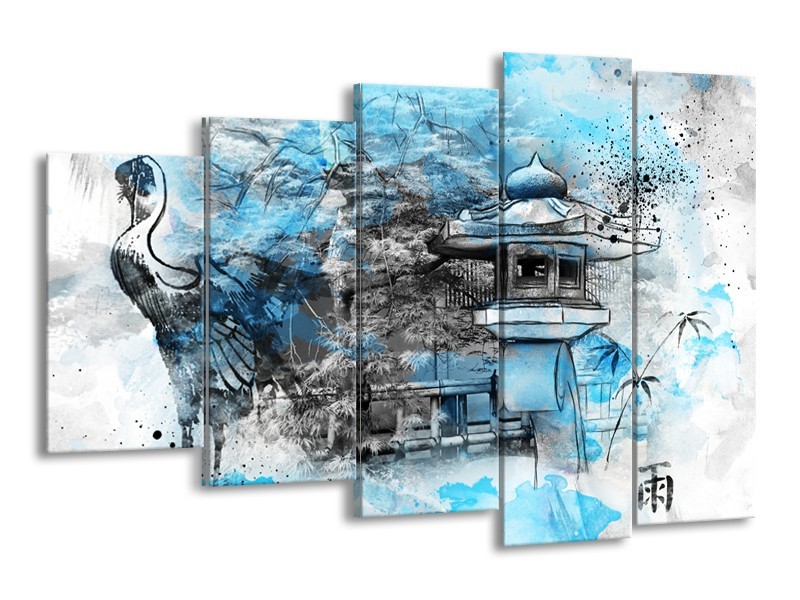 Canvas Schilderij Vogel, Chinese gebouw | Blauw, Zwart, Wit | 150x100cm 5Luik