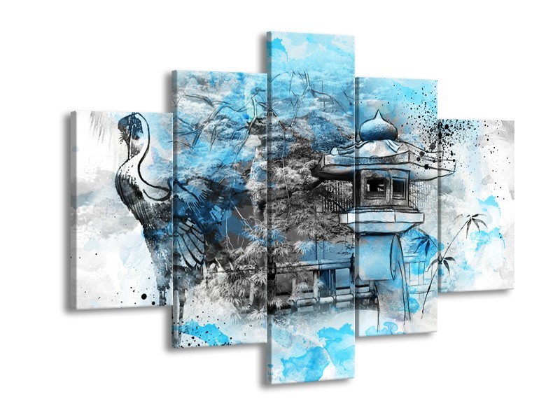 Glasschilderij Vogel, Chinese gebouw | Blauw, Zwart, Wit | 150x105cm 5Luik