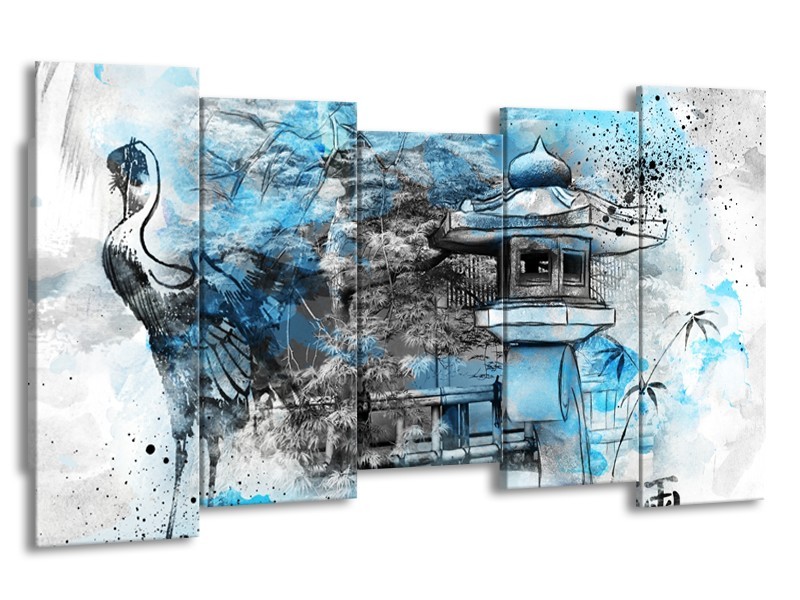 Canvas Schilderij Vogel, Chinese gebouw | Blauw, Zwart, Wit | 150x80cm 5Luik